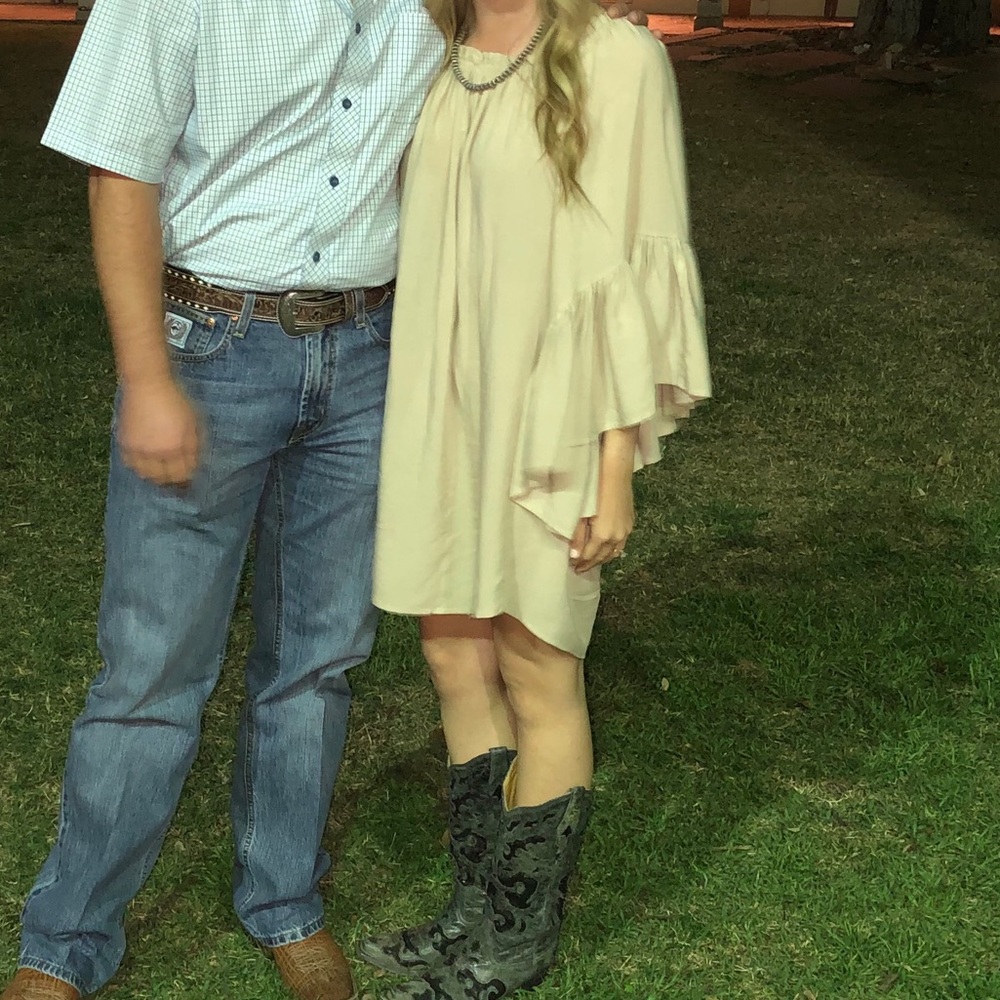 Tan off the shoulder flowy dress